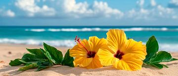 Fleurs d'hibiscus sur la plage au soleil sur Poster Art Shop
