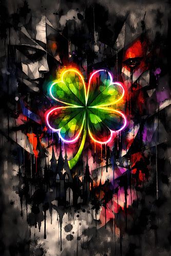 Lichtjes van geluk – Abstract neonklavertje in mystieke gotische stijl