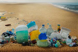 Plastic afval op het strand, illustratie van Animaflora PicsStock