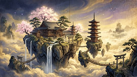 Heavenly Japanese Temple Above the Misty Mountains by my pixel art