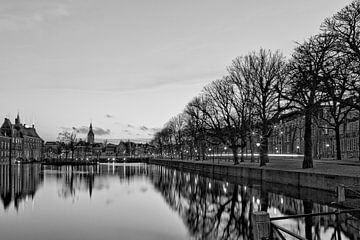 Government buildings on the Hofvijver, The Hague in black and white