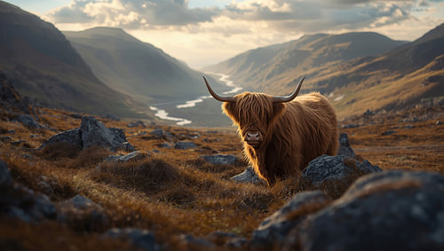 Highland cattle in the golden mountain light