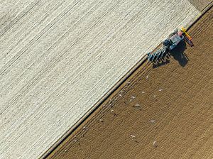 Traktor pflügt den Boden für die Anpflanzung von Pflanzen