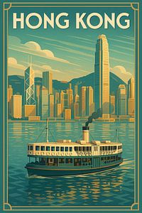 Retro Hong Kong Skyline Druck - Star Ferry & Stadtbild Illustration