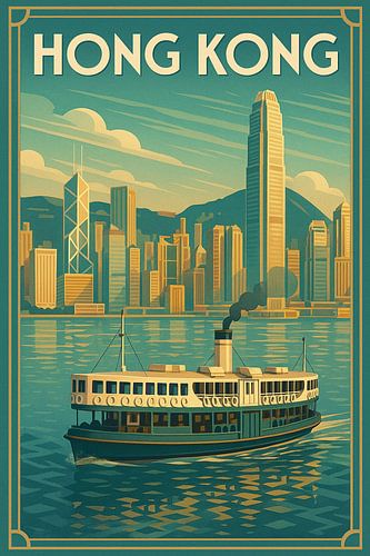 Retro Hong Kong Skyline Print – Star Ferry & Cityscape Illustration