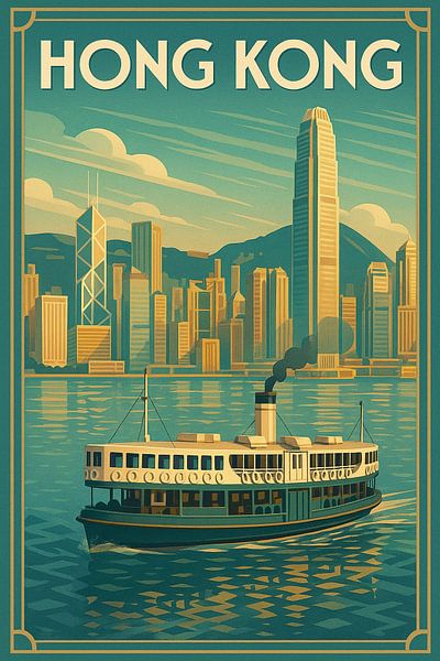 Retro Hong Kong Skyline Druck - Star Ferry &amp; Stadtbild Illustration von Travel Shop
