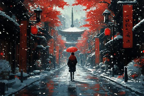 japanese painting walker in the snow