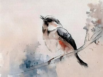 Aquarel  schilderij van een zingend vogeltje in Japandi stijl van Studio Pieternel