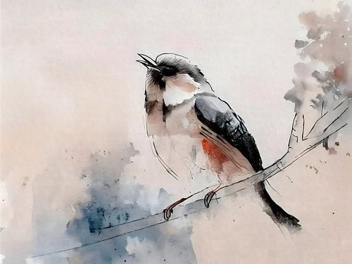 Aquarell eines Vogels auf einem kahlen Ast. Serie im japanischen Stil
