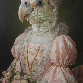 Portrait élégant d'un oiseau en robe rose avec des fleurs sur But First Framing