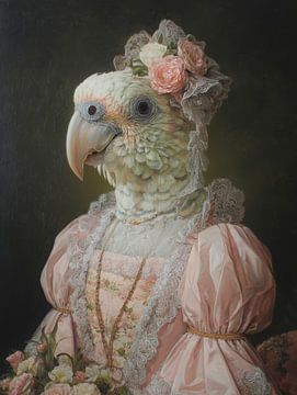 Portrait élégant d'un oiseau en robe rose avec des fleurs