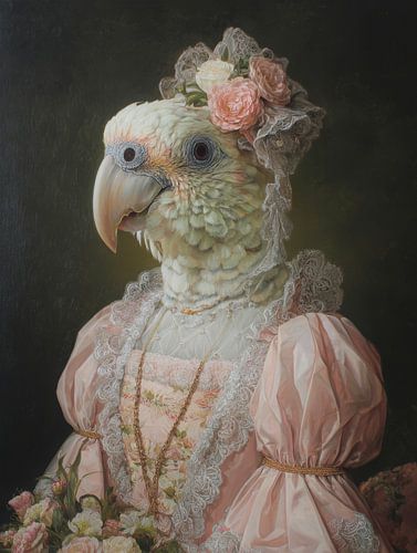 Elegant portrait of a bird in pink dress with flowers by But First Framing