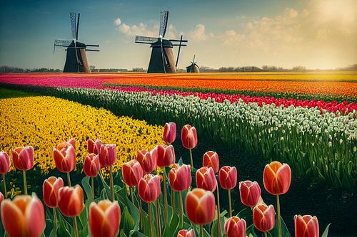 Illustratie windmolen en tulpenveld