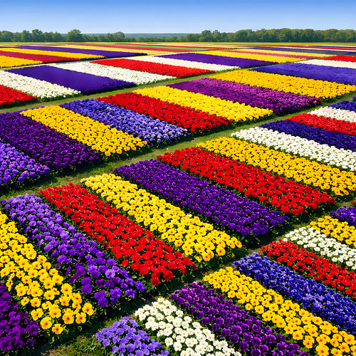Champ de pensées multicolores à rayures – Une mer de fleurs aux couleurs chatoyantes