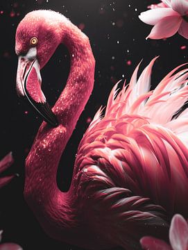 Pink Reverie - Flamingo in Blossom Rain by Eva Lee