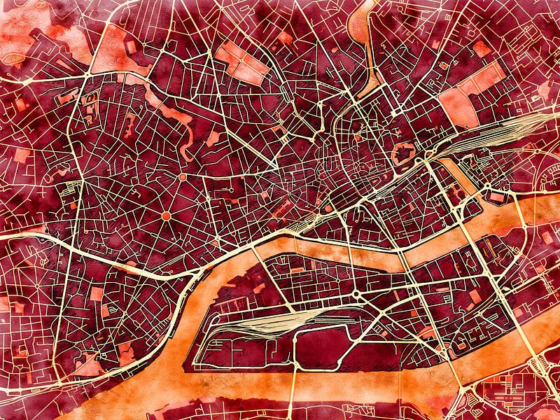 Map of Nantes centrum with the style 'Amber Autumn' by Maporia