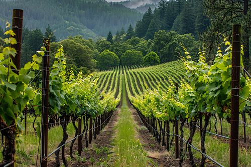 Wijngaard in de vallei met ochtendmist