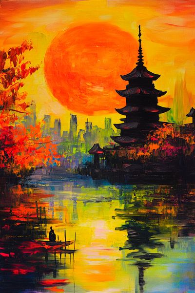 Pagode japonaise au coucher du soleil par Poster Art Shop