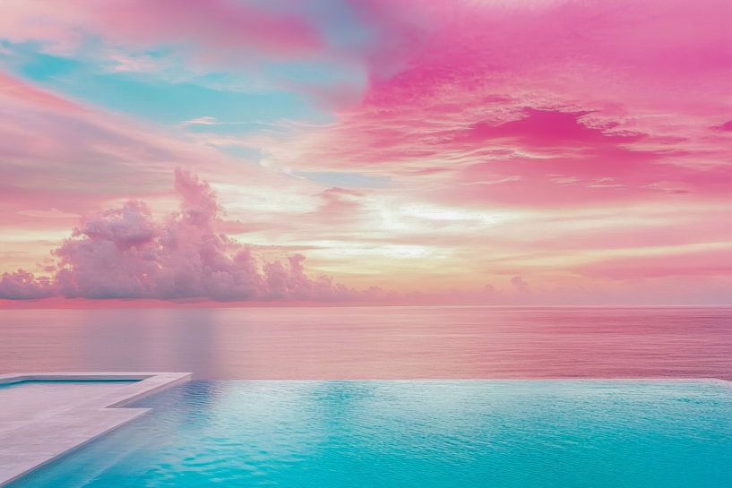Sunset, infinity pool with sea view, minimalism -  by BowiScapes abstract and digital art