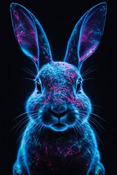 Neon verlicht konijn in digitale kunst van De Muurdecoratie