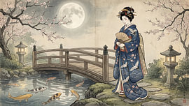 Mondhelle Ruhe: Eine anmutige Geisha am Koiteich unter blühenden Bäumen von my pixel art