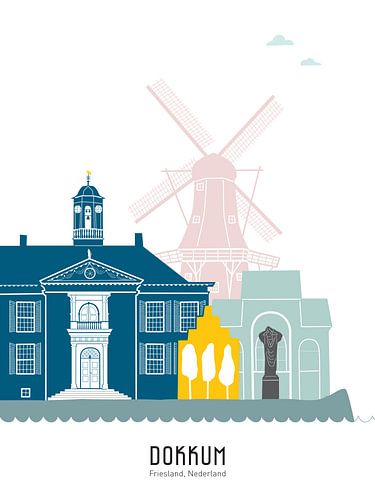 Skyline illustratie stad Dokkum in kleur