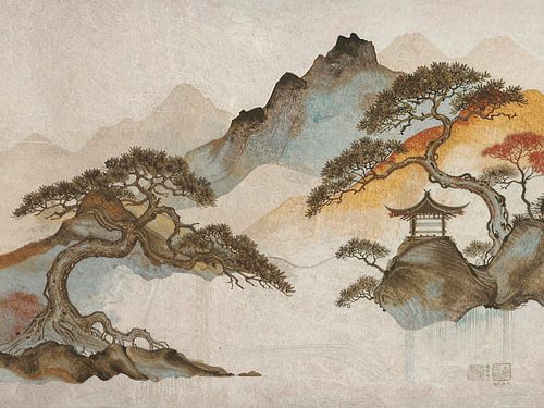 Tijdloze Zen: Japans Landschap met Pagode en Pijnboom