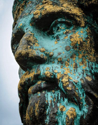 Bronze statue face covered in verdigris and lichen by Transmutation Art