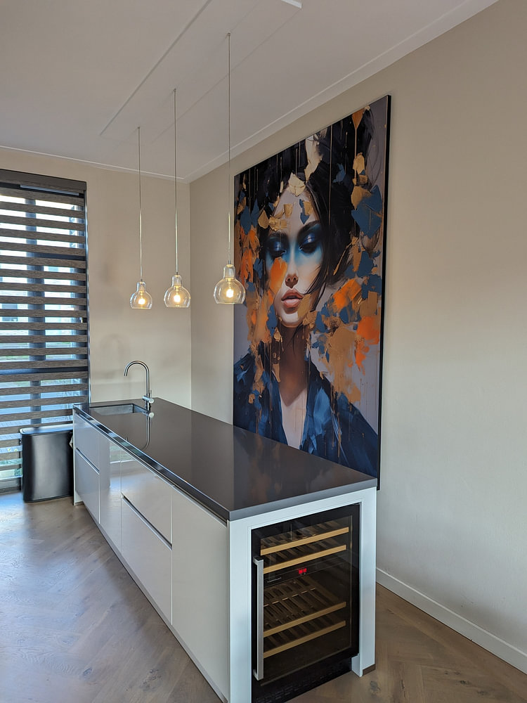 Modern and abstract portrait in blue, orange and gold