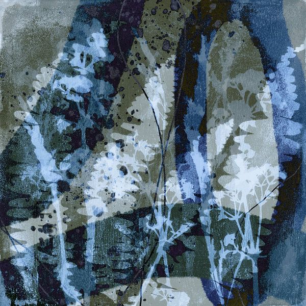 Abstract Retro Botanical. Ferns and flowers in blue and brown by Dina Dankers