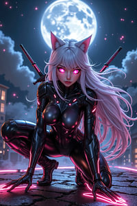 Dark Fantasy Anime Wandbild: NYXARA - Sexy Anime Cat Girl als Ninja bei Vollmond