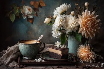 Coffee and Cake with Flowers - Elegant Painting by Joriali photography and paintings