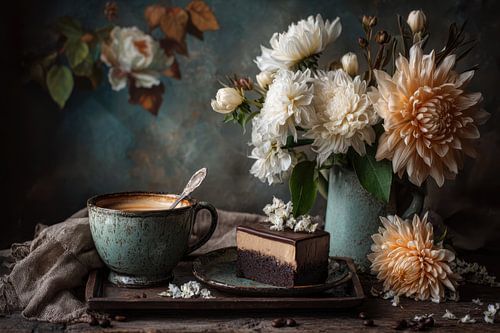 Koffie en Taart met Bloemen - Elegant Schilderij