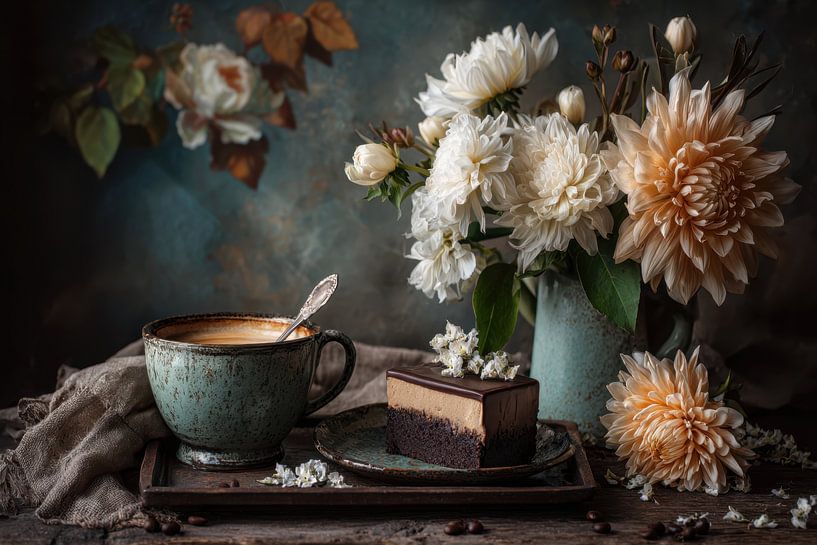 Coffee and Cake with Flowers - Elegant Painting by Joriali photography and paintings