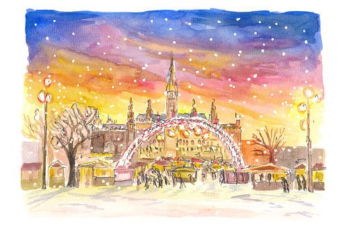 Verschneiter Wiener Rathausplatz und Weihnachtsmarkt bei Nacht