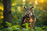 Wise owl in the green forest at sunset