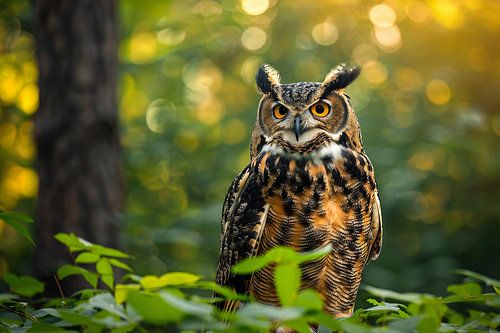 Wijze uil in het groene bos bij zonsondergang