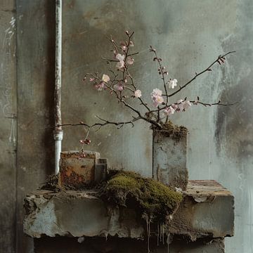 Industrial square still life with a vase of moss and old pipe by Digitale Schilderijen