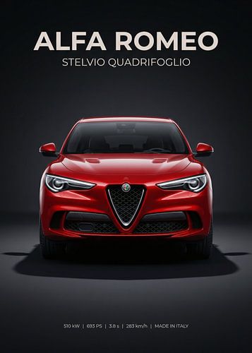 Vue de face d'un SUV de luxe Alfa Romeo Stelvio Quadrifoglio rouge