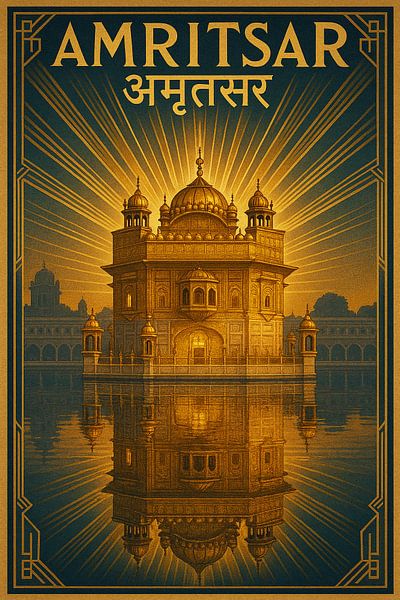 Amritsar Vintage Travel Poster – Golden Temple &amp; Sacred Reflection Art by Travel Shop