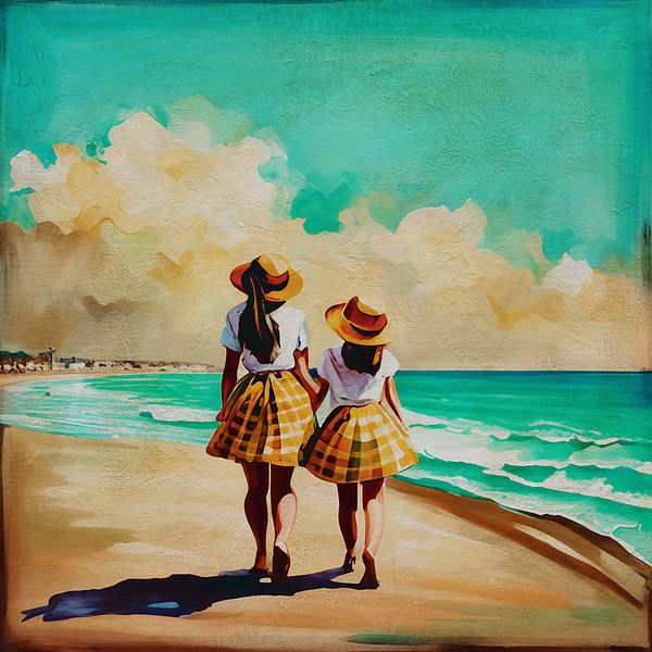 Twee meisjes wandelen langs de zee van Jan Keteleer (JanKé): Een reis voorbij het canvas