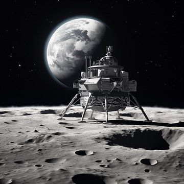 Maan Lunar lander met uitzicht op de aarde zwart-wit van TheXclusive Art