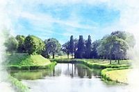Aquarel afbeelding van het bolwerk en binnenvest van de Stad Hulst in Zeeuws-Vlaanderen