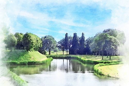 Watercolour image of the stronghold and inner fortress of the City of Hulst in Zeeuws-Vlaanderen