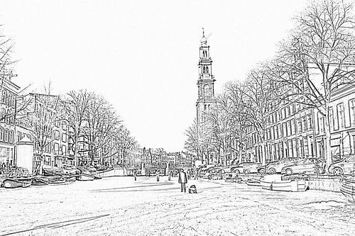 Pentekening van winter in Amsterdam op de Prinsengracht met de Westerkerk