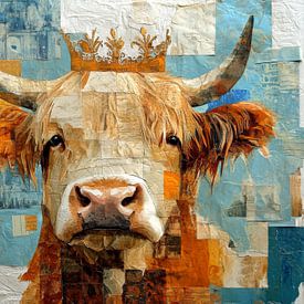 Koningin van de wei, Hooglander met kroontje in een mixed media stijl van Dutch Art Works