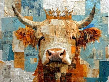 Koningin van de wei, Hooglander met kroontje in een mixed media stijl van Dutch Art Works