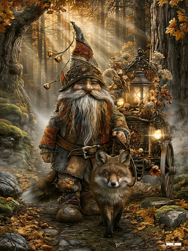 Gnome with a fox in the woods