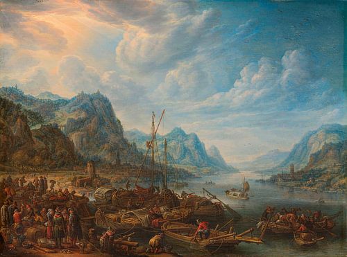 Uitzicht op een rivier met aanlegplaatsen voor boten, Herman Saftleven