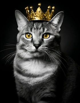 Chat en noir et blanc avec une couronne dorée sur John van den Heuvel